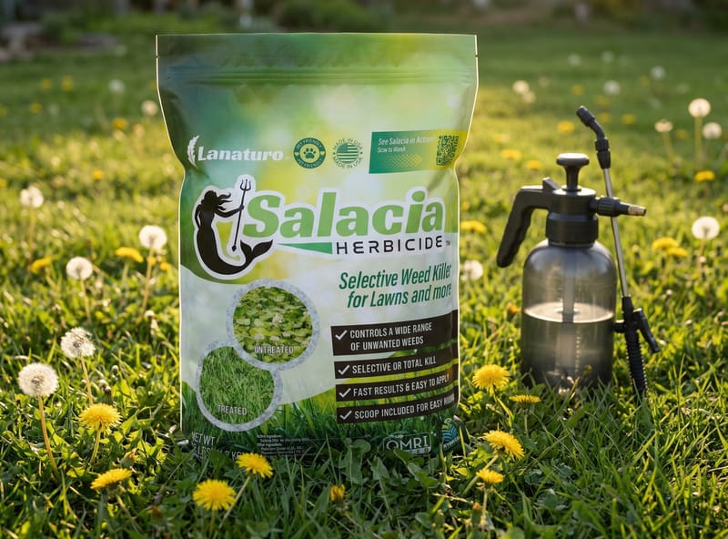 Salacia bag on lawn with dandelions — ready for crown pooling treatment