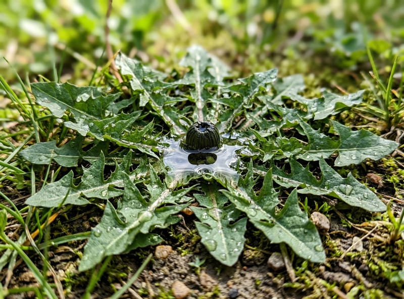 Crown pooling technique — liquid pooled in dandelion rosette center for maximum absorption