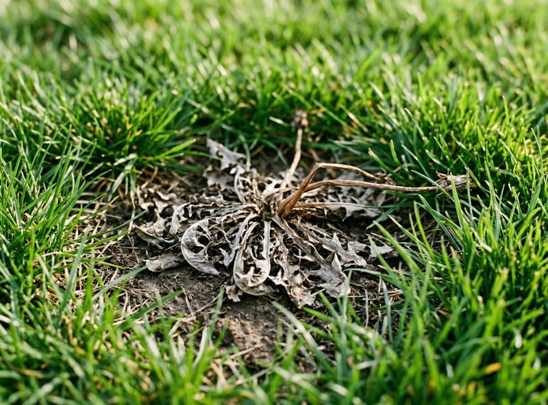 Dehydrated dandelion rosette — collapsed leaves and stem surrounded by healthy green grass