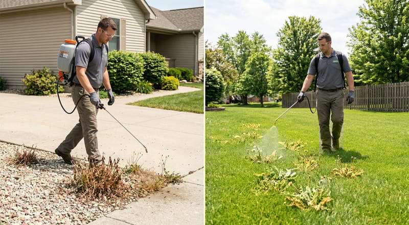 Dual-action comparison — non-selective treatment on driveway vs selective treatment on lawn