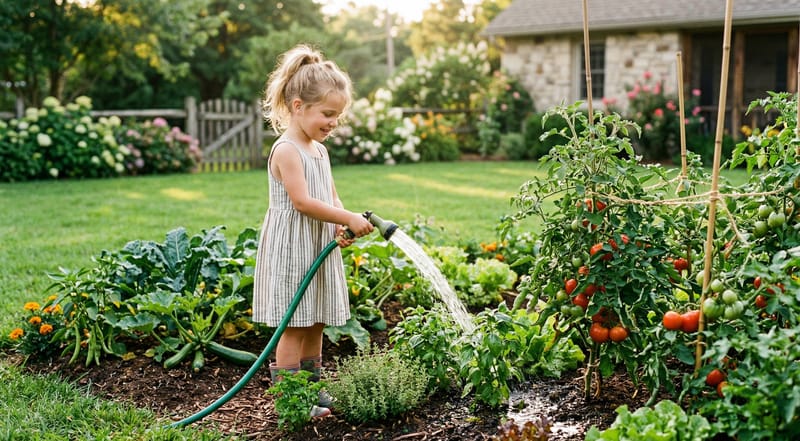 Child watering organic garden with clean water — the benefit of chemical-free lawn care