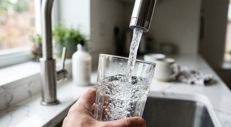 Clear glass of water being filled from kitchen faucet — looks clean but may contain trace pesticides