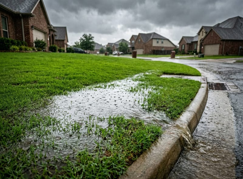 Rainy suburban lawn with runoff flowing toward street gutter — how lawn chemicals enter waterways