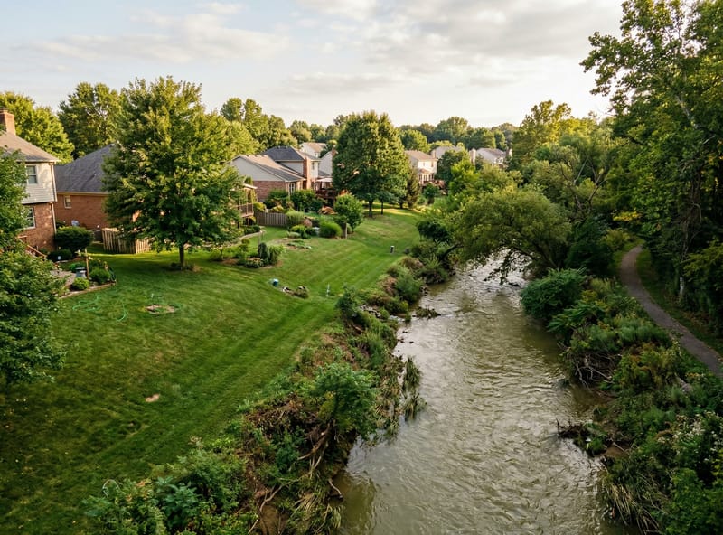 Suburban creek running alongside residential lawns — the connection between yards and waterways
