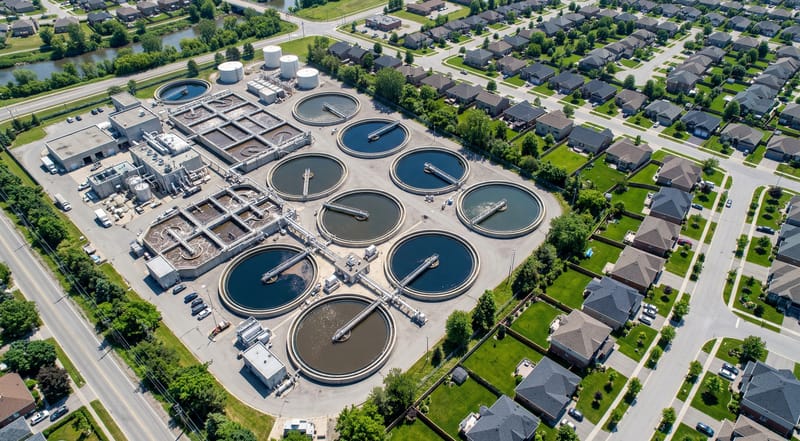 Aerial view of water treatment facility near residential area — where lawn chemical runoff gets processed