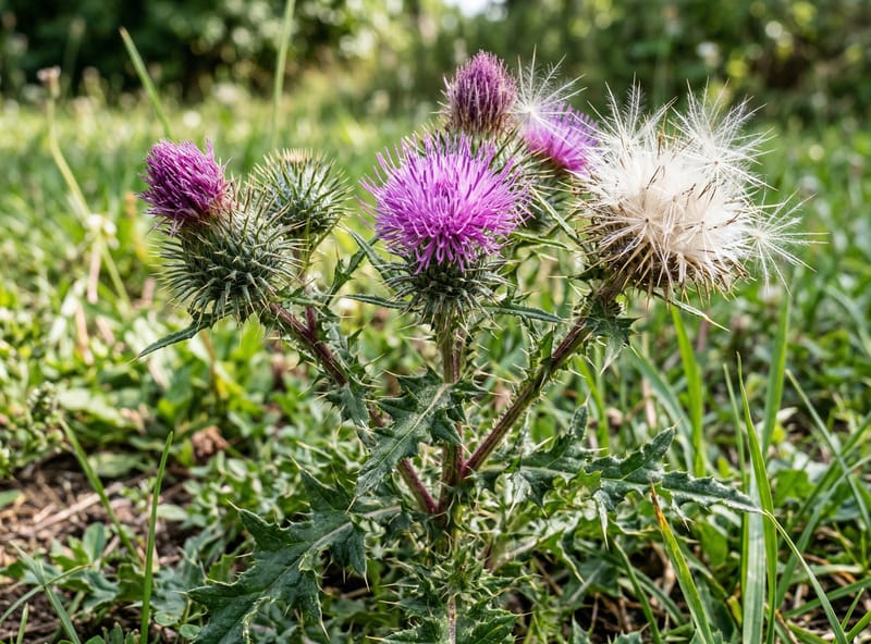 Canada thistle with purple-pink spiny flower heads and deeply lobed spiny leaves