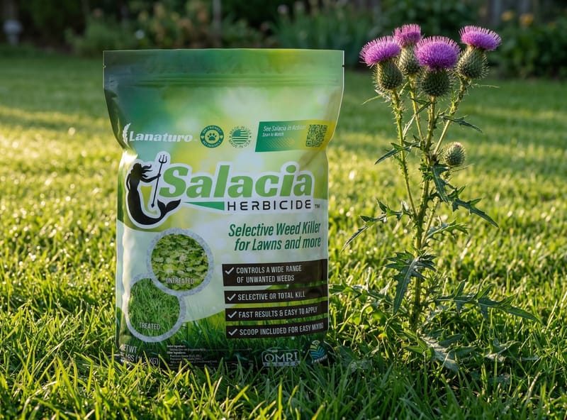 Salacia organic weed killer bag on lawn next to thistle plant