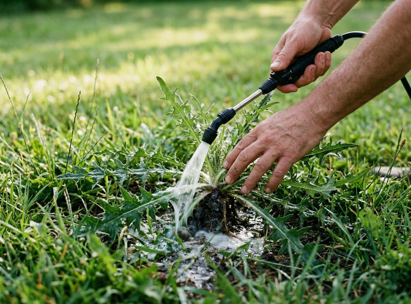 Pump sprayer directing spray at thistle base for organic treatment