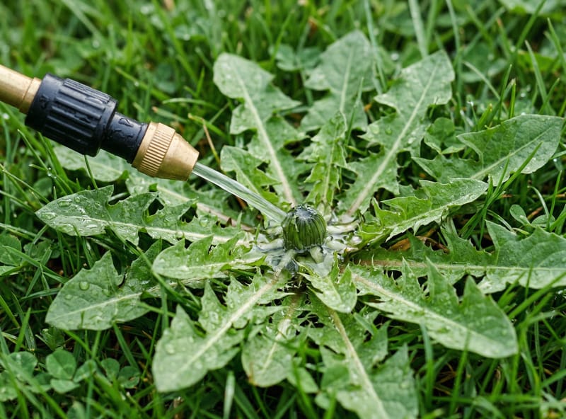 Pump sprayer nozzle delivering spray directly into dandelion crown — crown pooling technique for maximum weed control