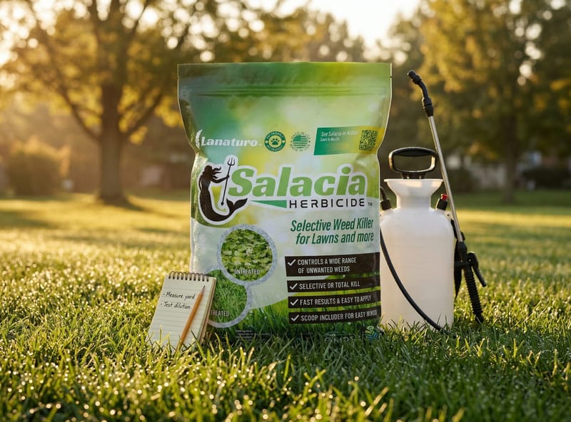 Salacia bag and pump sprayer on dewy morning lawn — pre-application preparation