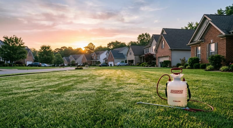 Early morning sunrise over suburban lawn with pump sprayer ready — ideal weed killer application conditions