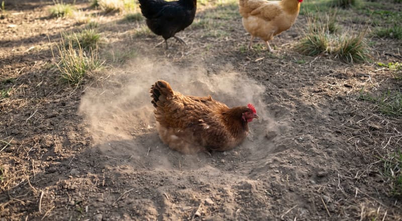 A hen dust-bathing in soil — a primary exposure pathway for herbicide residues on treated ground