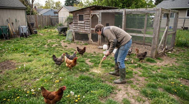 A well-maintained suburban backyard with a chicken coop and free-range hens on green grass
