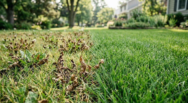Selective weed control result — dead broadleaf weeds next to healthy green grass