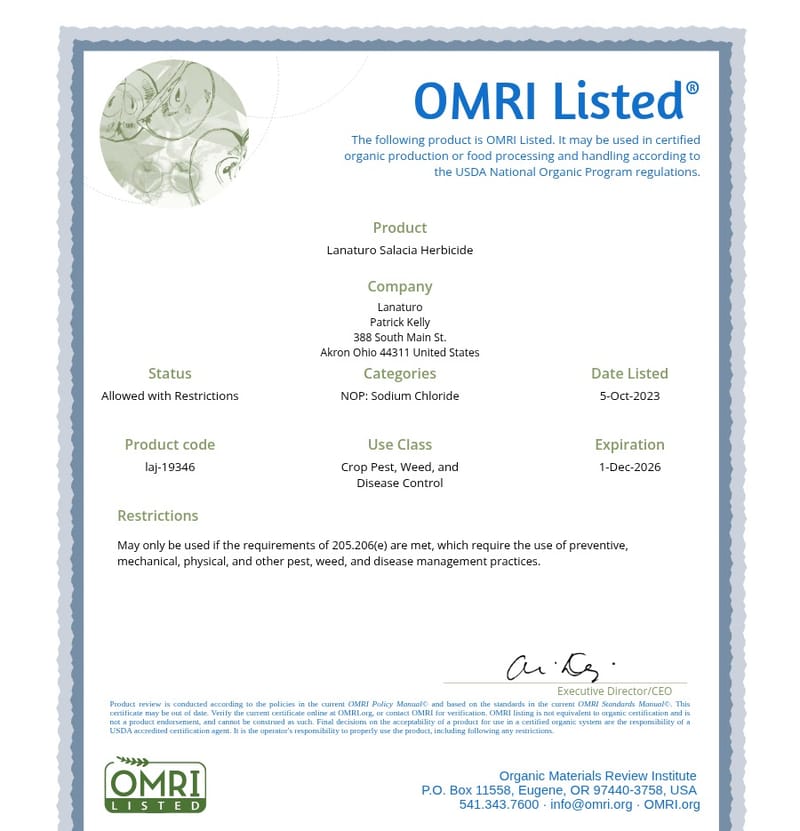 Salacia's OMRI Listed certificate — product, company, listing date and certificate code as published by the Organic Materials Review Institute
