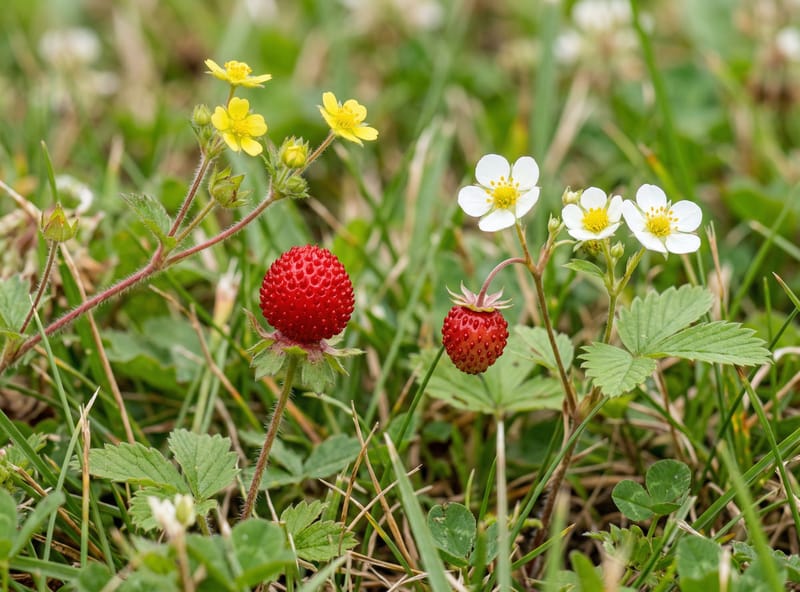 Wild strawberry vs mock strawberry comparison — fruit and flower differences
