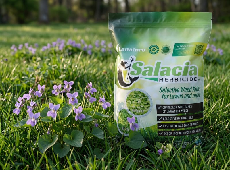 Salacia bag on lawn near wild violet plants with purple flowers