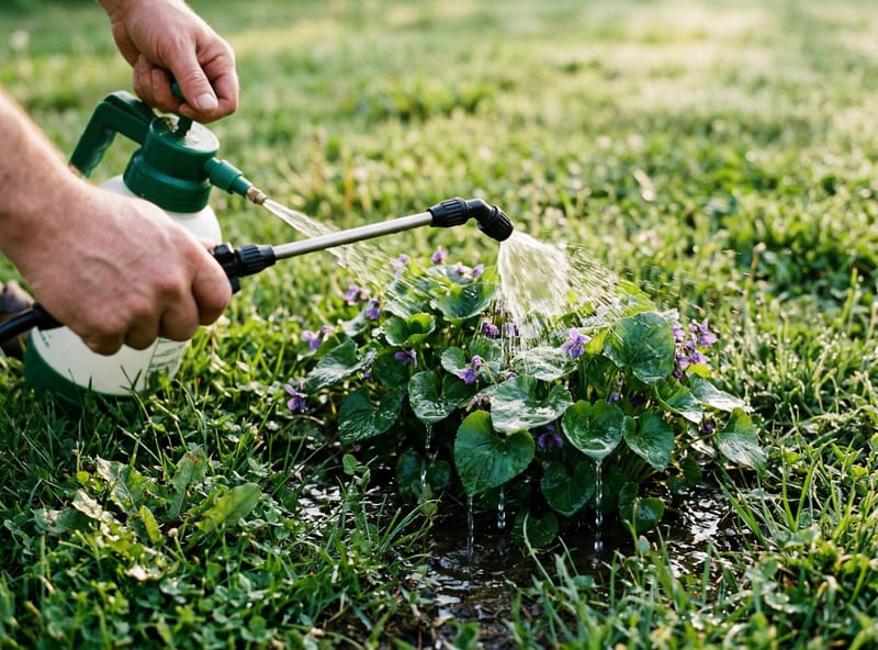 Heavy saturation spray on wild violet waxy leaves — drenching until runoff