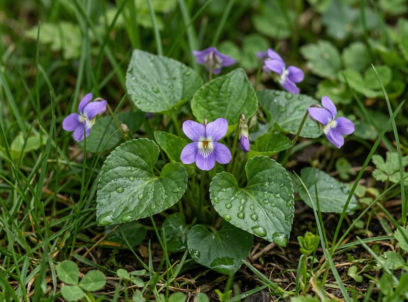 Wild violet with heart-shaped waxy leaves and purple flowers in lawn
