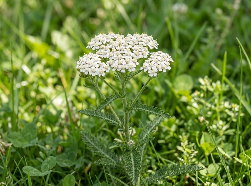 Common yarrow with soft feathery fern-like leaves and flat-topped clusters of tiny white flowers in a lawn