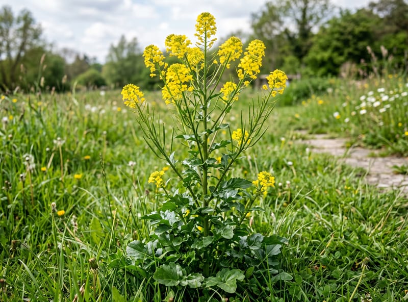 Yellow rocket standing tall above turf with branched clusters of small four-petal yellow mustard flowers and glossy lobed leaves