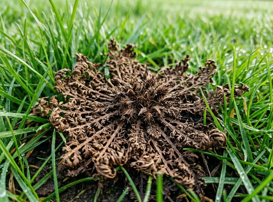 A dead brown lawn burweed rosette with its spiny bur cluster still intact at the center, surrounded by healthy green grass