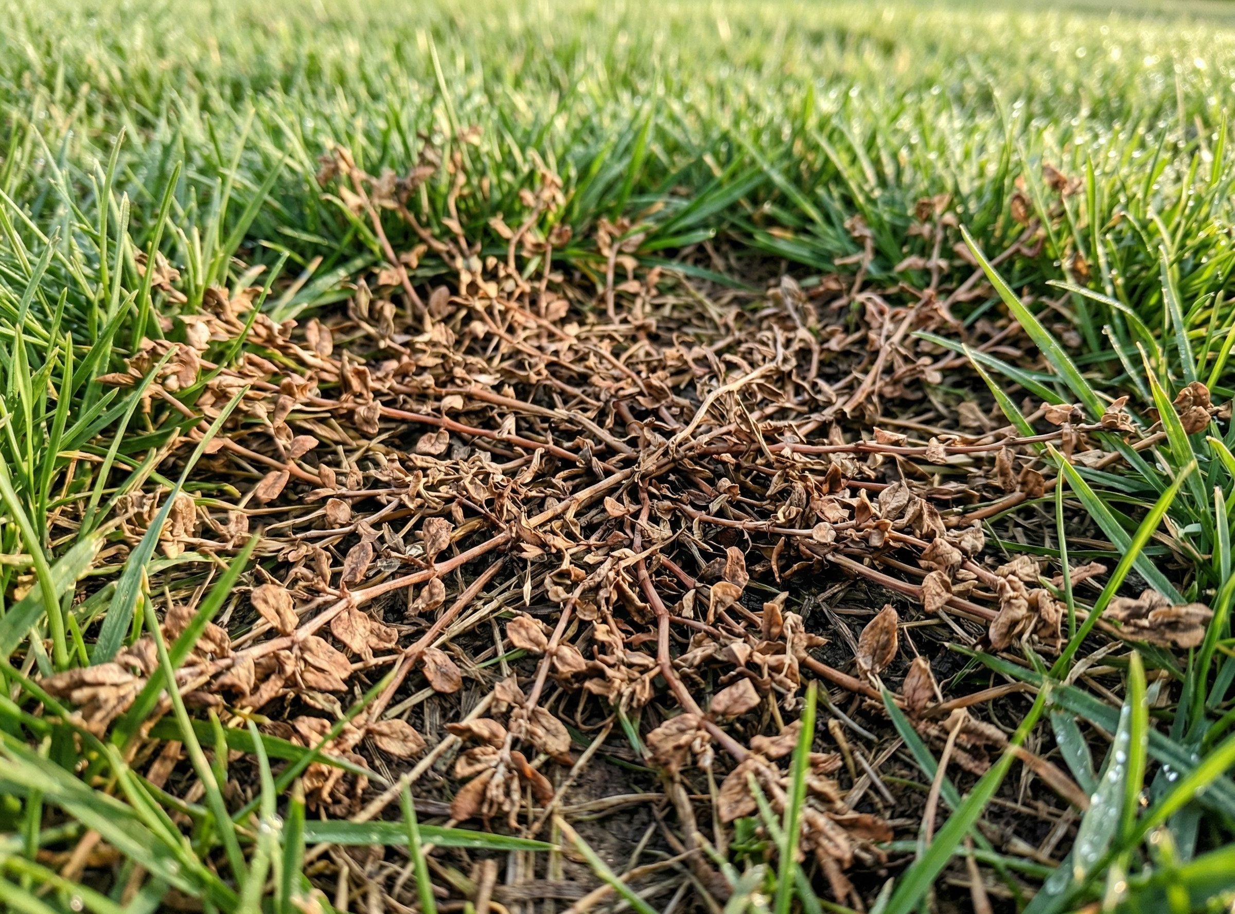 Spotted spurge after Salacia treatment — collapsed, dried weed tissue