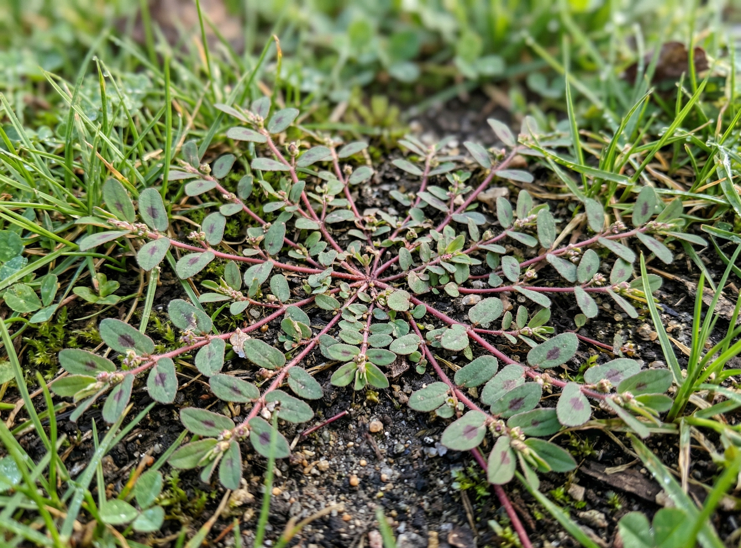 Spotted spurge before treatment — green mat spreading in turf